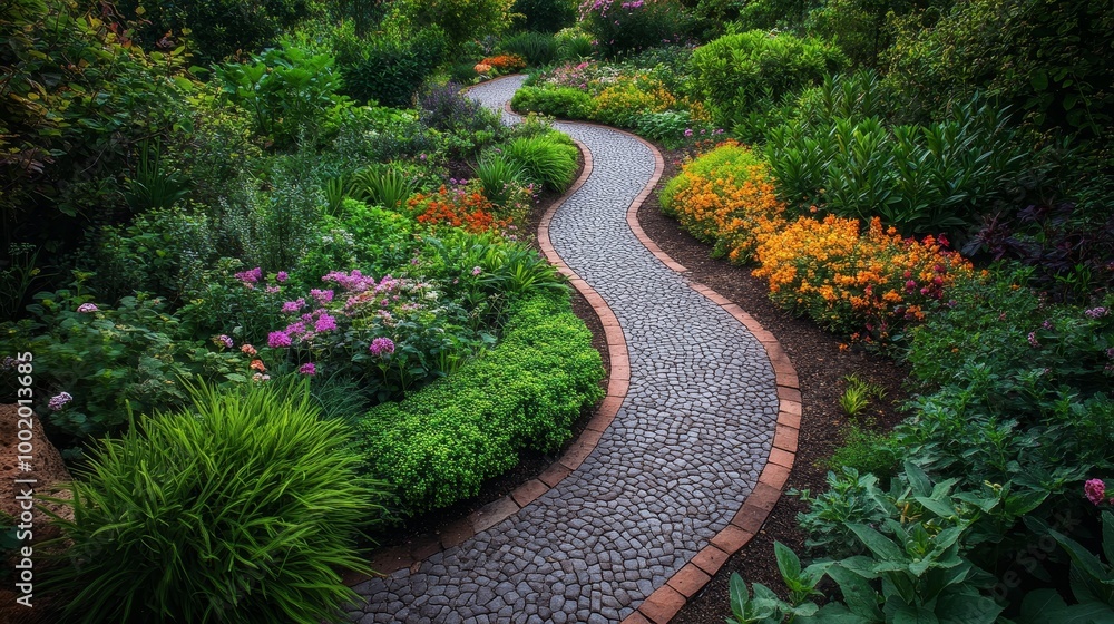 Obraz premium A circular pathway cutting through a rich botanical garden, bordered by unique and rare plant species, vibrant green hues and delicate blossoms