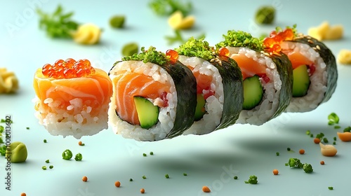 A deconstructed sushi roll levitating in mid-air, with individual ingredients like rice, seaweed, and salmon arranged separately, against a pale blue background. photo