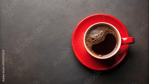 Top view of a red cup filled with black coffee, coffee, cup, drink, red, top view, black, hot beverage, morning