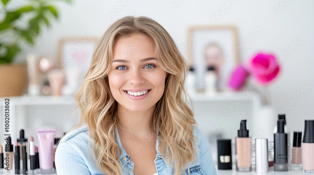 A beauty influencer taking selfies with a variety of makeup products laid out on a vanity in a well-lit A beauty influencer taking selfies with a variety of makeup products laid out on a vanity in a well-lit