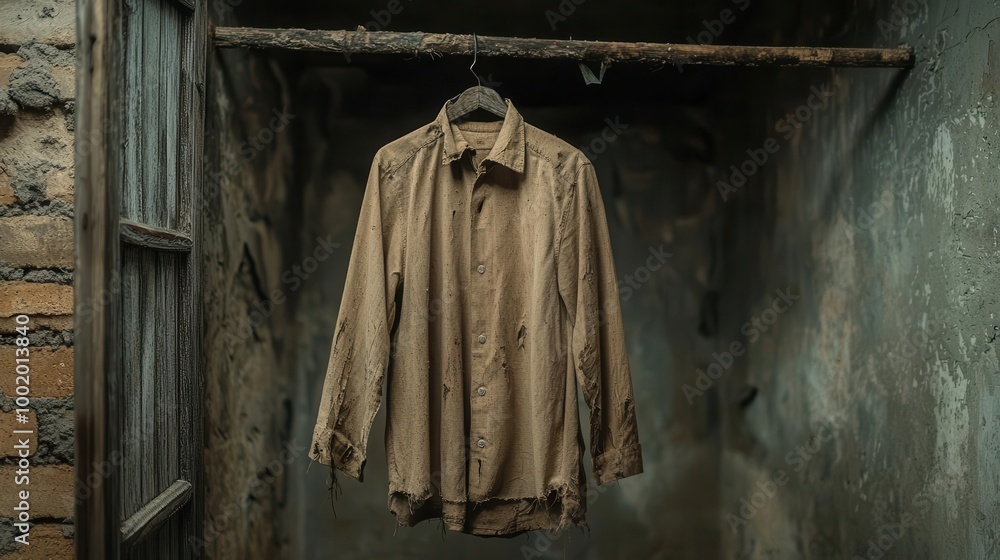 Fototapeta premium Stale shirt hanging in a dilapidated wardrobe, fabric fraying at the edges, musty clothing, abandonment