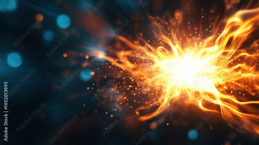 Obraz premium Abstract burst of energy with vibrant orange and blue particles on dark background.