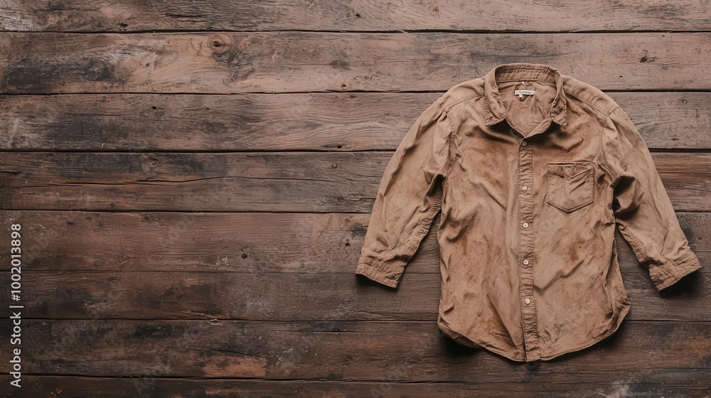 Fototapeta premium Vintage shirt covered in dust and emitting a musty odor, found in a forgotten box, neglect, aged clothing