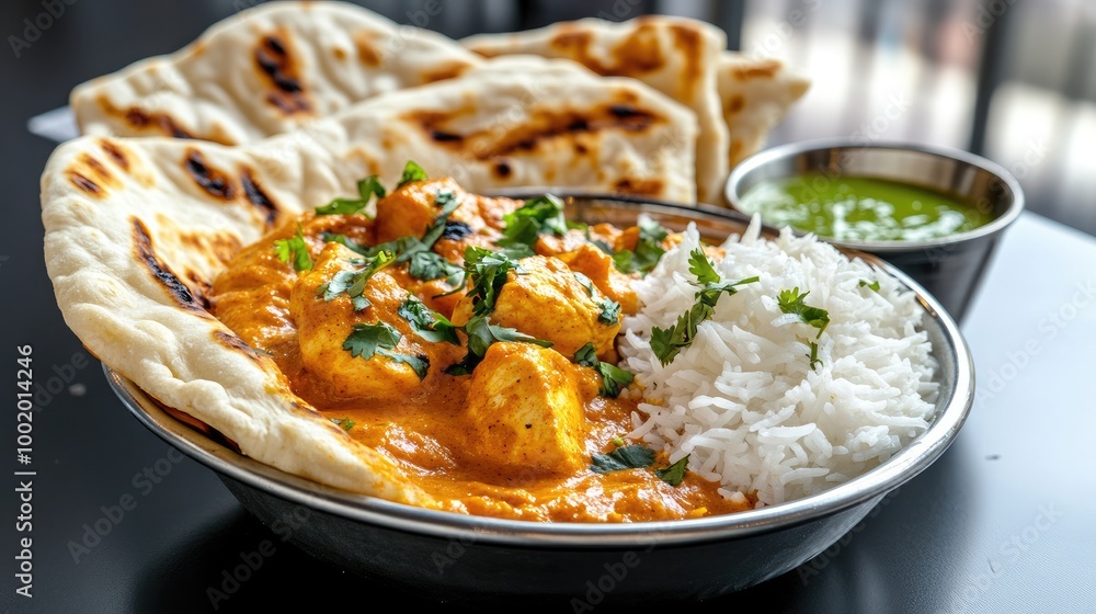 Delicious Indian Cuisine with Rice and Naan Delicious Indian Cuisine with Rice and Naan