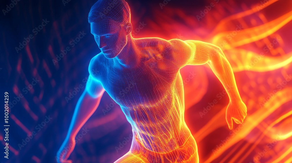 Dynamic Heat Map Monitoring Athlete's Body Temperature during Training - 3D Illustration Dynamic Heat Map Monitoring Athlete's Body Temperature during Training - 3D Illustration