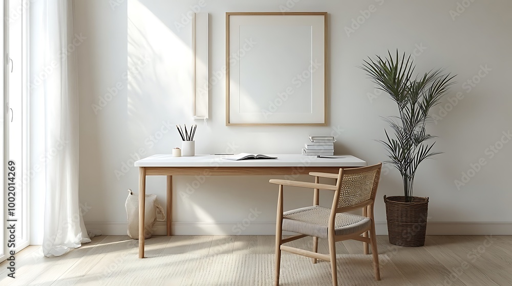 A contemporary home office setup with a clean desk, vertical framed artwork on the wall, soft daylight illuminating the space, minimalist design, neutral color palette, and an organized, A contemporary home office setup with a clean desk, vertical framed artwork on the wall, soft daylight illuminating the space, minimalist design, neutral color palette, and an organized,