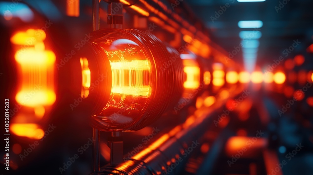 Fototapeta premium Close-up of industrial machinery with glowing orange lights on a dark background.