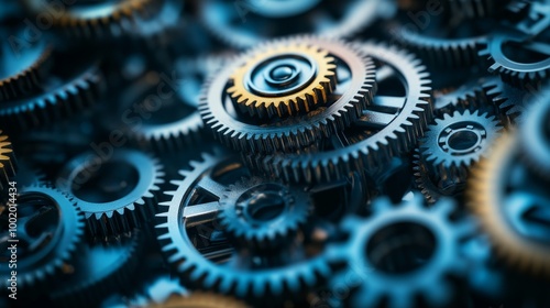 A close-up view of interconnected gears in a perfect circle, each one turning in harmony, symbolizing the unity and synergy of complex systems