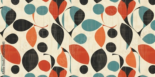 Abstract pattern with black, orange, blue and cream colors.