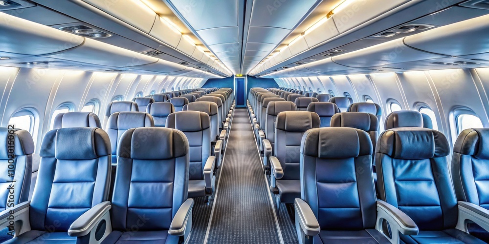 Fototapeta premium Empty airplane cabin interior with rows of seats and overhead compartments, airplane, cabin, interior, empty