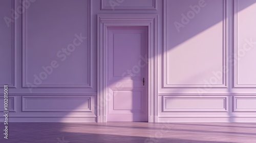 Mock up frame in an uncluttered, mysterious room with pale lavender walls and a secret passage behind a sliding panel