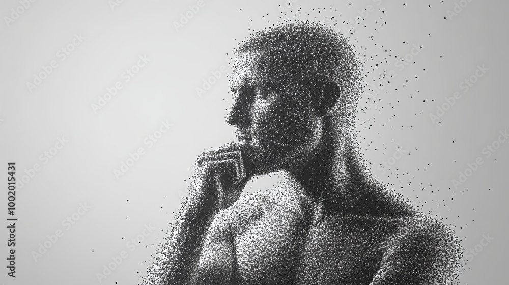 Time to reflect. Man with his chin buried in his fist. looking for solutions. Stipple appearance. minimalistic style for posters, flyers, and business presentations. 3D representation Time to reflect. Man with his chin buried in his fist. looking for solutions. Stipple appearance. minimalistic style for posters, flyers, and business presentations. 3D representation