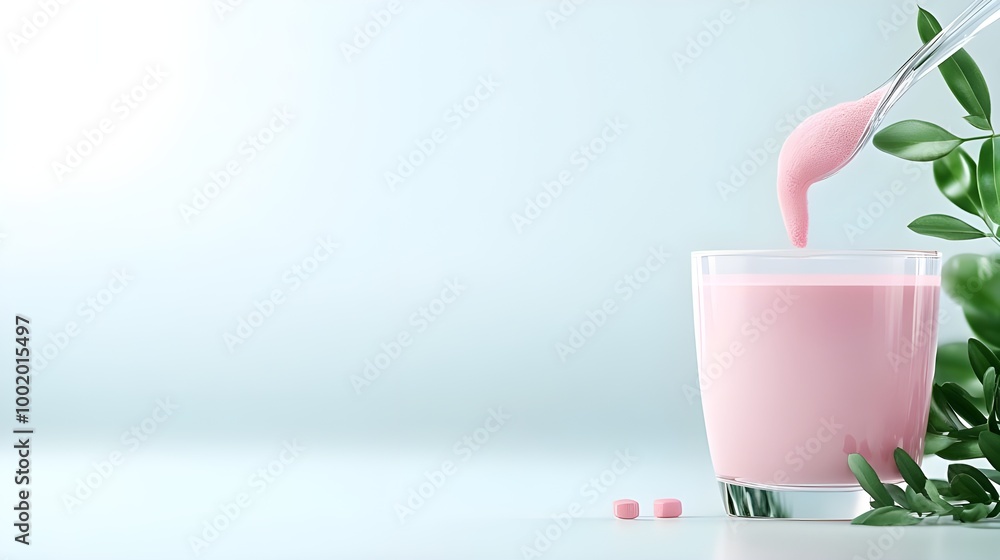 Collagen protein powder. Pouring protein pink powder in a glass Collagen protein powder. Pouring protein pink powder in a glass