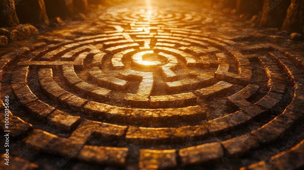 A highly detailed circular maze with tangled pathways, each path representing different choices, a single ray of light at the center symbolizing clarity A highly detailed circular maze with tangled pathways, each path representing different choices, a single ray of light at the center symbolizing clarity
