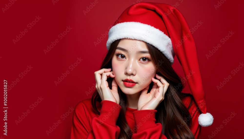 Young woman in a Christmas hat, looking cheerful against a red background. Young woman in a Christmas hat, looking cheerful against a red background.