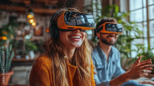 Young adults enjoying virtual reality experiences in a cozy café with indoor plants and warm lighting during the daytime