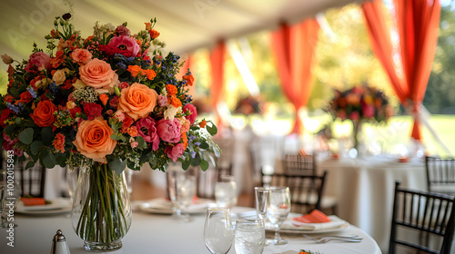 An Elegant Wedding Tent Set Up with Round Tables 