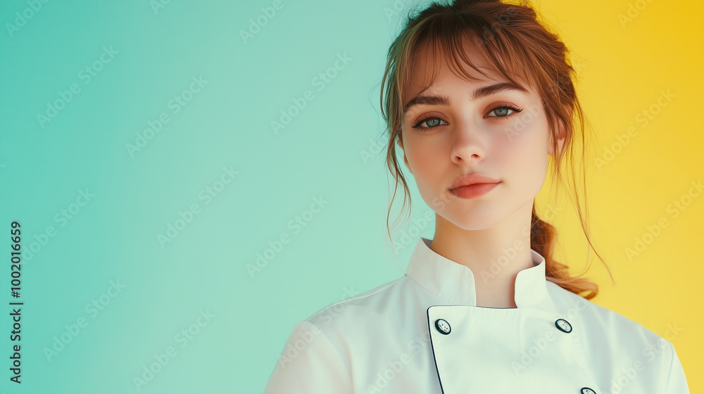 Portrait of a young woman in a white chef's uniform against a yellow-blue gradient background, with soft lighting Portrait of a young woman in a white chef's uniform against a yellow-blue gradient background, with soft lighting