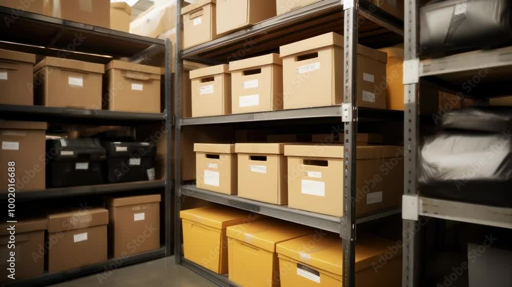 Neatly organized cardboard boxes with paper labels on metal shelves in a storage room, showcasing a well organized system for storing and managing information in a business setting Neatly organized cardboard boxes with paper labels on metal shelves in a storage room, showcasing a well organized system for storing and managing information in a business setting