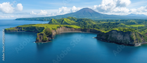 A scenic view of a lush green island surrounded by calm blue waters, with a distant volcanic mountain under a partly cloudy sky.