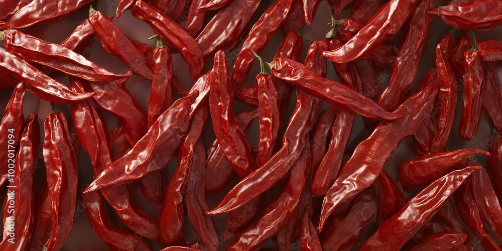 Fototapeta premium Dried red chili peppers scattered on a surface, creating a vibrant and spicy backdrop.