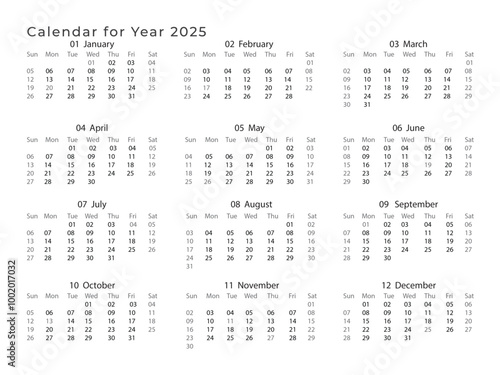 2025 Landscape Black and White Calendar. 2025 Horizontal Black and White Calendar Template. 