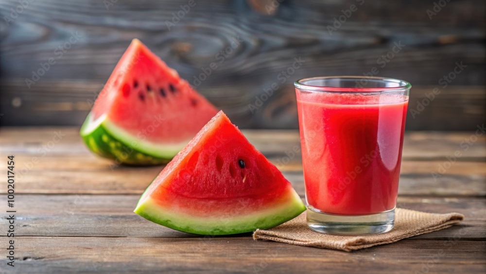 Slice of watermelon placed on the edge of a glass of fresh watermelon juice, watermelon, fruit, juice, refreshing, summertime, healthy Slice of watermelon placed on the edge of a glass of fresh watermelon juice, watermelon, fruit, juice, refreshing, summertime, healthy