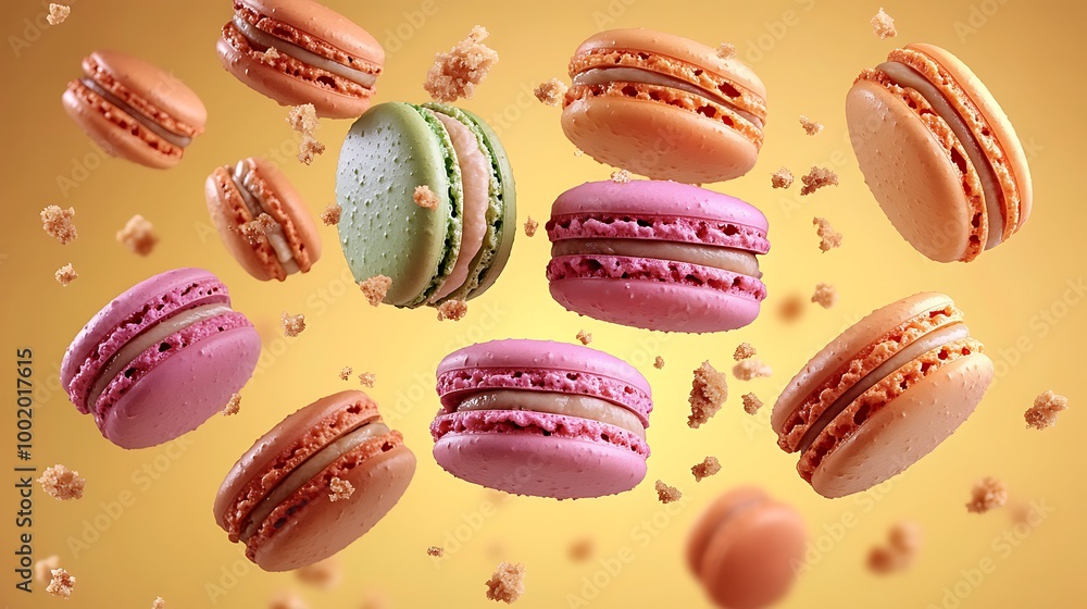 A group of macarons with pastel-colored shells and intricate fillings floating in mid-air, with crumbs suspended around them, against a soft pastel yellow background.