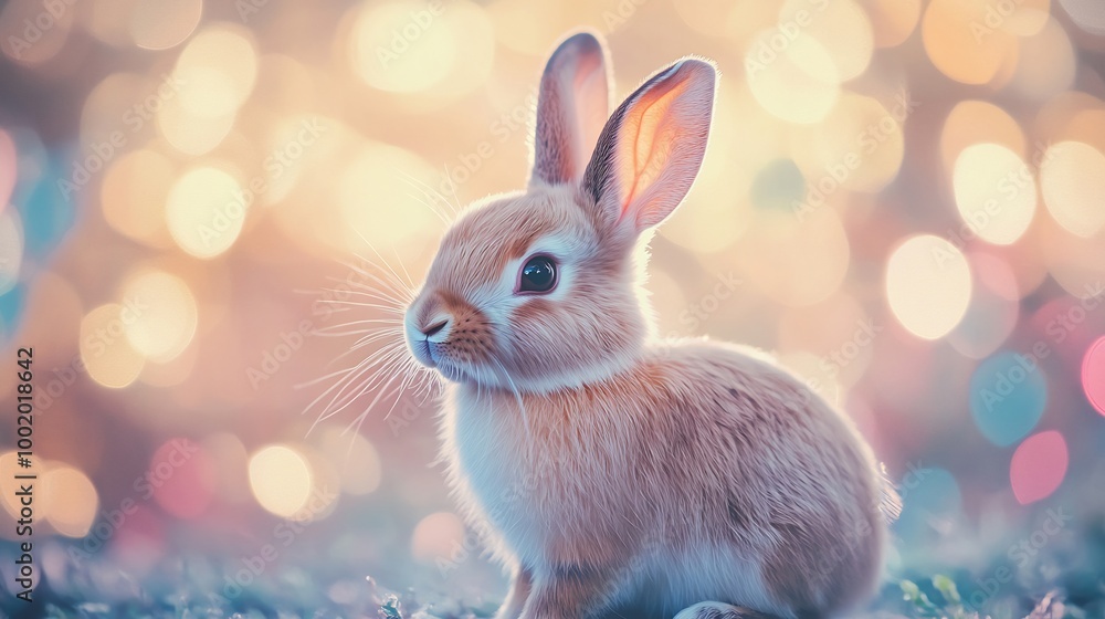 Obraz premium A Sweet Little Bunny Posing Among the Lights. AI Generated