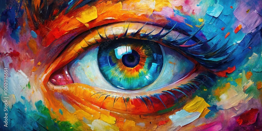 Fototapeta premium Colorful abstract oil painting of an eye, created with a palette knife on canvas, Fluorite, oil painting, abstract