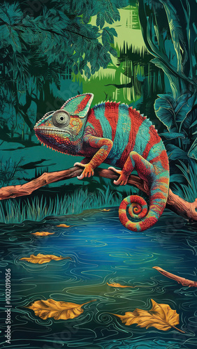 detailed colored illustration of a chameleon  , vintage poster style.