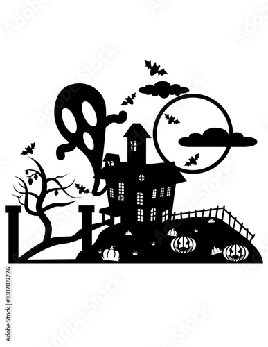 Happy Halloween | Ghosts | Halloween | Nature scene | Spooky House | Night Scene | Haunted House | Graveyard | Original Illustration | Vector and Clipart | Cutfile and Stencil