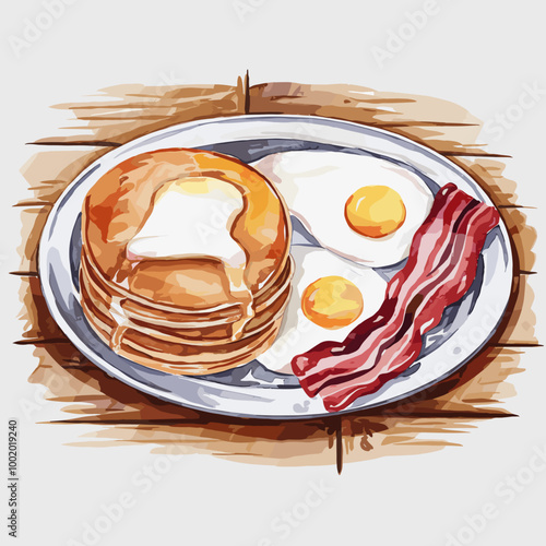 Watercolor Illustration of Breakfast Platter with Pancakes, Eggs, Bacon, and Orange Juice