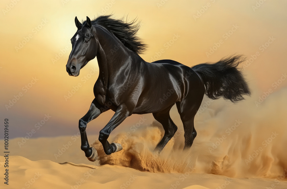 Obraz premium A black horse with a flowing mane galloping through the desert