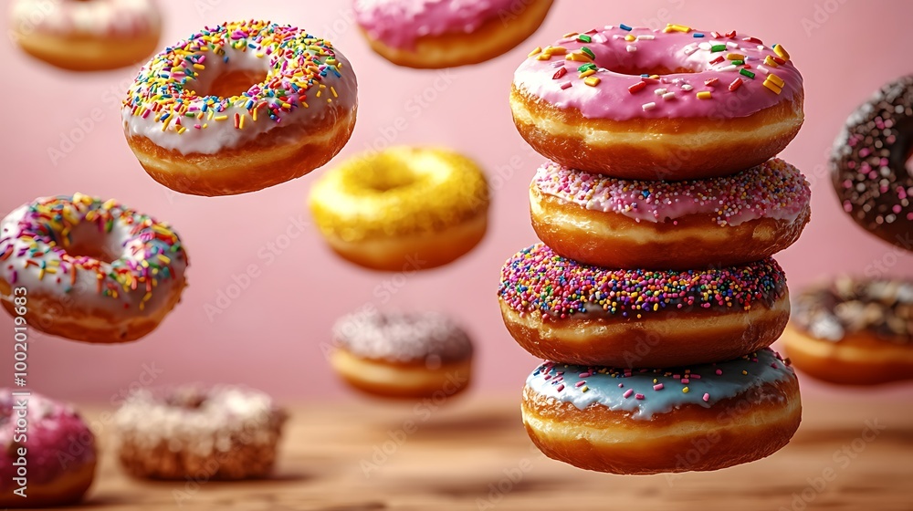A stack of colorful donuts floating in mid-air, each donut featuring different vibrant frostings, sprinkles, and toppings, with a pastel pink background. Soft, A stack of colorful donuts floating in mid-air, each donut featuring different vibrant frostings, sprinkles, and toppings, with a pastel pink background. Soft,