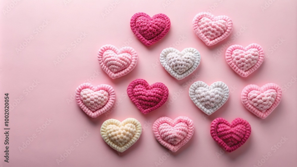 Fototapeta premium Soft yarn crochet hearts in pastel and pink hues on a minimalist pink background, symbolizing warmth and love, love, warmth, heart