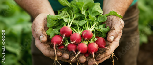 A gardener holds freshly harvested radishes with green leaves, showcasing a connection to nature and healthy gardening. photo