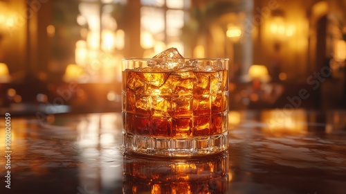 A close-up view of a whiskey glass filled with ice, captured in a warmly lit bar during the evening hours