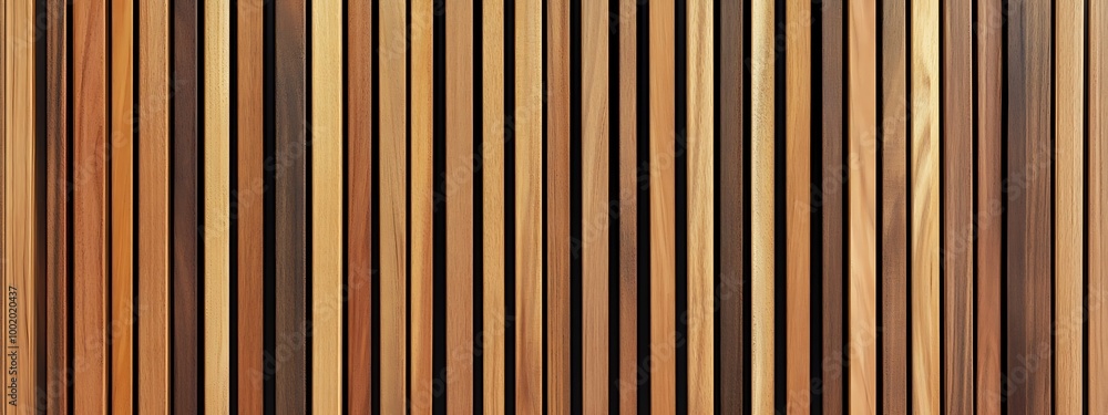 Obraz premium Wooden wall made of vertical panels. Line slats made of wood for a modern interior. Timber planks for cladding facades or fences. Material for cladding in construction. 