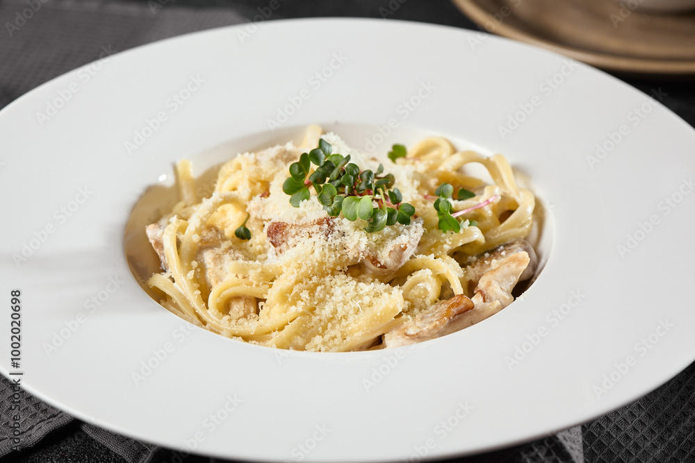 Creamy Chicken and Mushroom Spaghetti with Parmesan Garnish in Elegant White Plate Creamy Chicken and Mushroom Spaghetti with Parmesan Garnish in Elegant White Plate