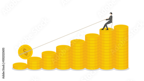 Businessman pulling a rope for a coin on money stack up bar chart of business growth, financial success, and investment strategy. Leadership and progress in the compete economy and financial market
