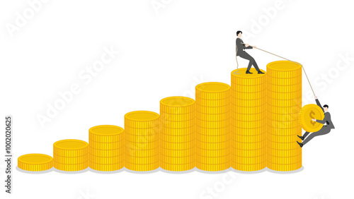 Businessman pulling a rope for teamwork holding a coin, on money stack up bar chart, financial success, and investment strategy. Leadership and progress in the compete economy and financial market