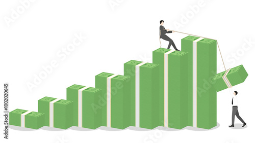 Businessman pulling a rope for banknote on money stack up bar chart with teamwork help, financial success, and investment strategy. Leadership and progress in the compete economy and financial market