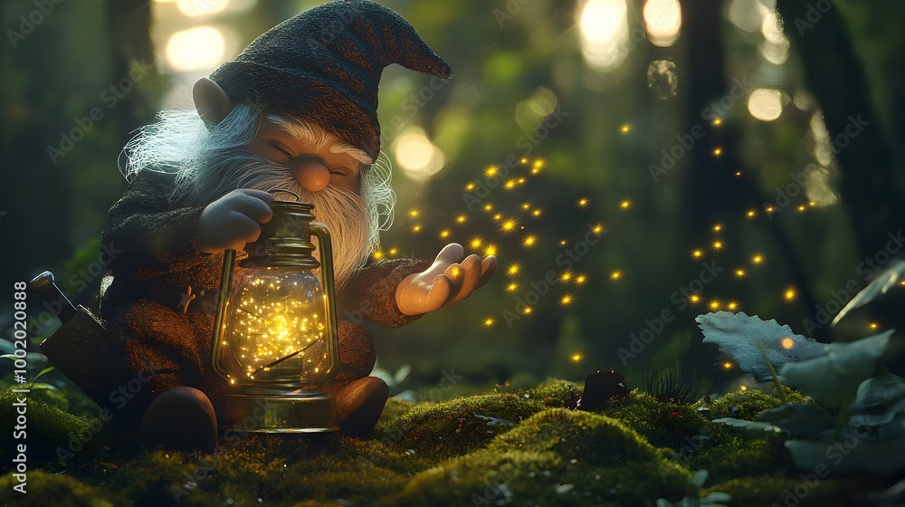 Enchanted Forest: A whimsical gnome, adorned in a pointed hat, sits amongst the emerald moss, casting a warm glow from his lantern, attracting a flurry of magical fireflies. Enchanted Forest: A whimsical gnome, adorned in a pointed hat, sits amongst the emerald moss, casting a warm glow from his lantern, attracting a flurry of magical fireflies.