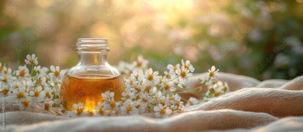 A bottle of chamomile essential oil surrounded by delicate chamomile flowers on a soft fabric. A bottle of chamomile essential oil surrounded by delicate chamomile flowers on a soft fabric.