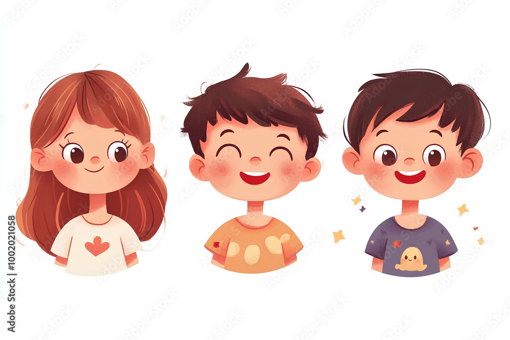 Happy kids avatars. Cute children smiling, boy girl in rounds set. Illustration girl and boy avatar, happy kids, child happiness Happy kids avatars. Cute children smiling, boy girl in rounds set. Illustration girl and boy avatar, happy kids, child happiness