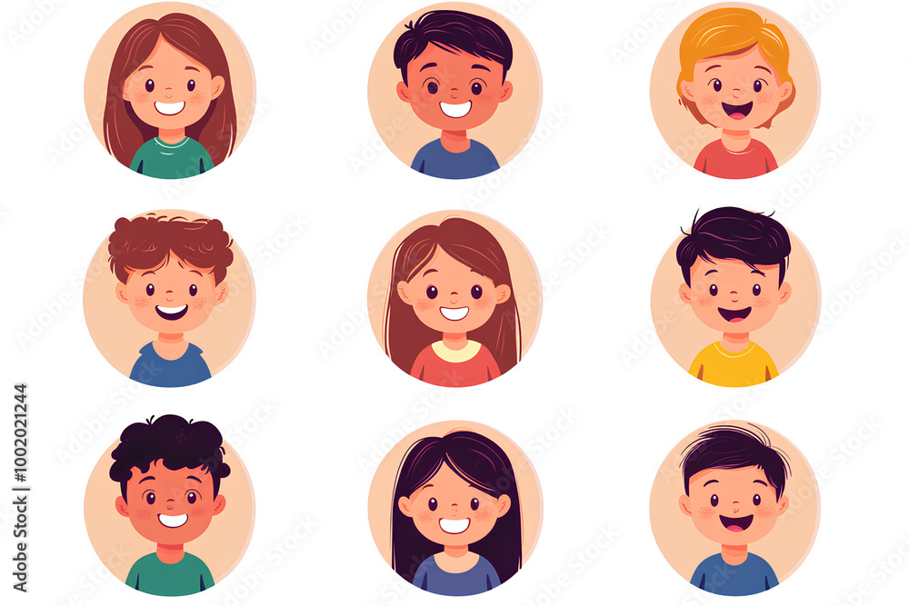 Happy kids avatars. Cute children smiling, boy girl in rounds set. Illustration girl and boy avatar, happy kids, child happiness Happy kids avatars. Cute children smiling, boy girl in rounds set. Illustration girl and boy avatar, happy kids, child happiness