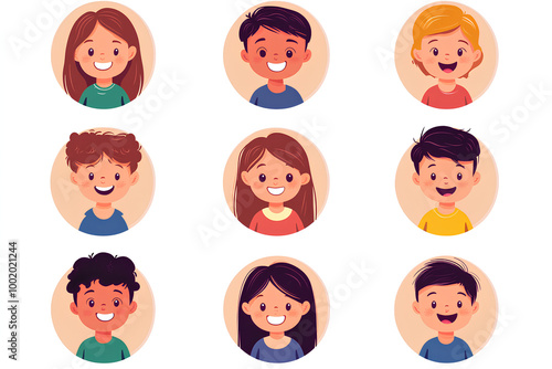 Happy kids avatars. Cute children smiling, boy girl in rounds set. Illustration girl and boy avatar, happy kids, child happiness