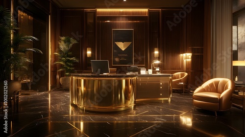 Art deco podcast studio with elegant, rounded gold chairs, a sleek metallic desk, geometric gold accents on the walls, warm moody lighting