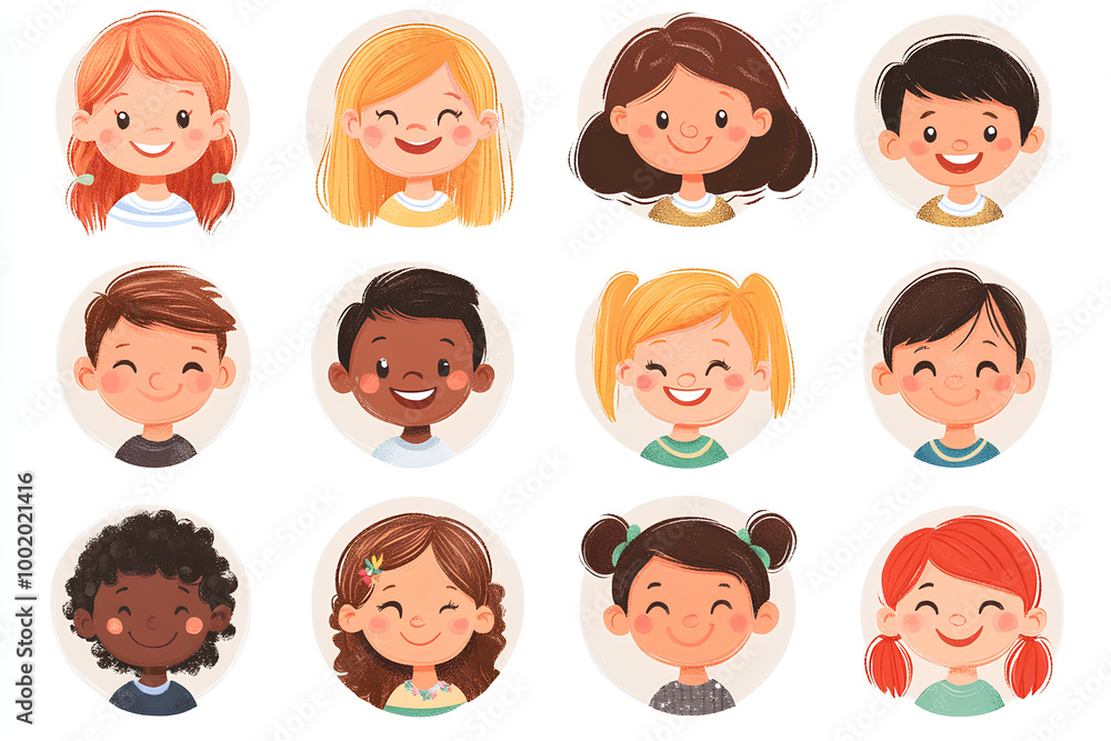 Happy kids avatars. Cute children smiling, boy girl in rounds set. Illustration girl and boy avatar, happy kids, child happiness Happy kids avatars. Cute children smiling, boy girl in rounds set. Illustration girl and boy avatar, happy kids, child happiness